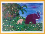 Elephant Flowers 16x20 50$. (Mother and baby elephant holding flowers)