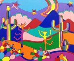 Dancing Coyotes, 24x20x1.5, $310. Abstract desert, dancing coyotes, saguaros, owl.