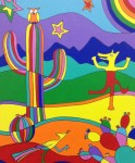 Rainbow Desert, 20x24, sold. Abstract desert night, dancing coyote, roadrunner, saguaro.