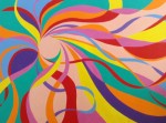 Genesis, 24x18, gifted. Abstract swirls of color emanating from a circle, bright colors.