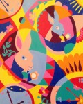 The Hurrieder I Go, 18x24, $175. Abstract rabbit and clocks, ref. Alice in Wonderland. 