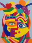 Carmine, 14x16, $125. Abstract face with fruit on head, bright colors.