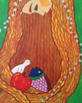 Eve, 18x24, sold. Abstract woman with fish, bird and apple nesting in hair.