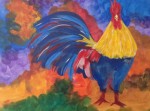 Rooster, 18x24, $125. Rooster in reds, blues and yellow.