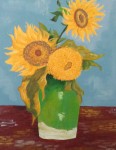 Three Flowers, 16x20, $125. Ref. VanGogh. Three gold flowers in green vase.