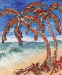 Two Palms, 20x24, $125. Two palm trees in brown, green and red on ocean shore.