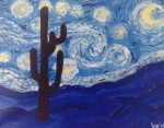 Starry Desert Night, 9x12, sold. Ref Van Gogh, Starry Night. Saguaro silhouette against starry sky.