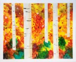 Aspen 18x24 $75. Aspen trunks against yellow and orange foliage.