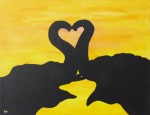 Two Souls, One Heart 14x18, $75. Two elephant silhouettes trunk to trunk.