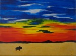 Lone Buffalo 18x24 sold. Lone buffalo on plains with sunset skies.